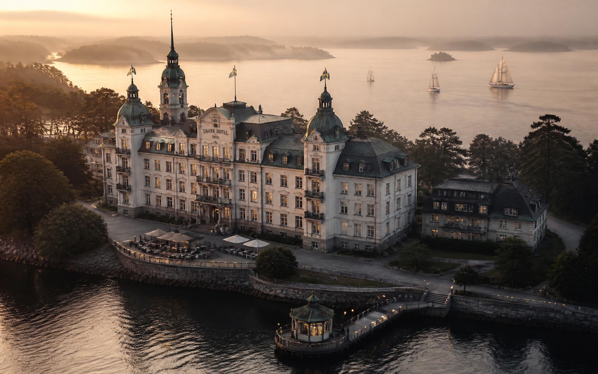 Grand Hotel Saltsjöbaden at sunrise over Baggensfjärden