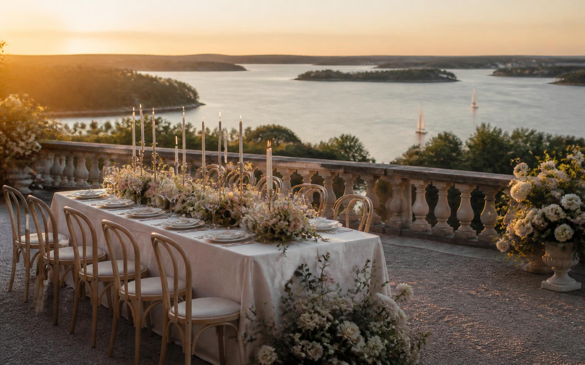 Bröllopsmiddag på terrassen i solnedgången